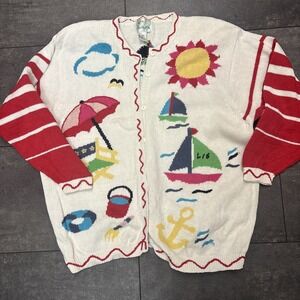 VTG Quacker Factory Cardigan Sweater RETRO Embroidered Sailboat Summer Beach 3XL